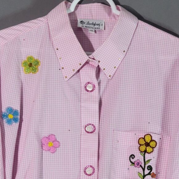 Pink Gingham Check Flannel Top Womens Plus Size 1X Rhinestone Floral Embellished - Picture 7 of 16